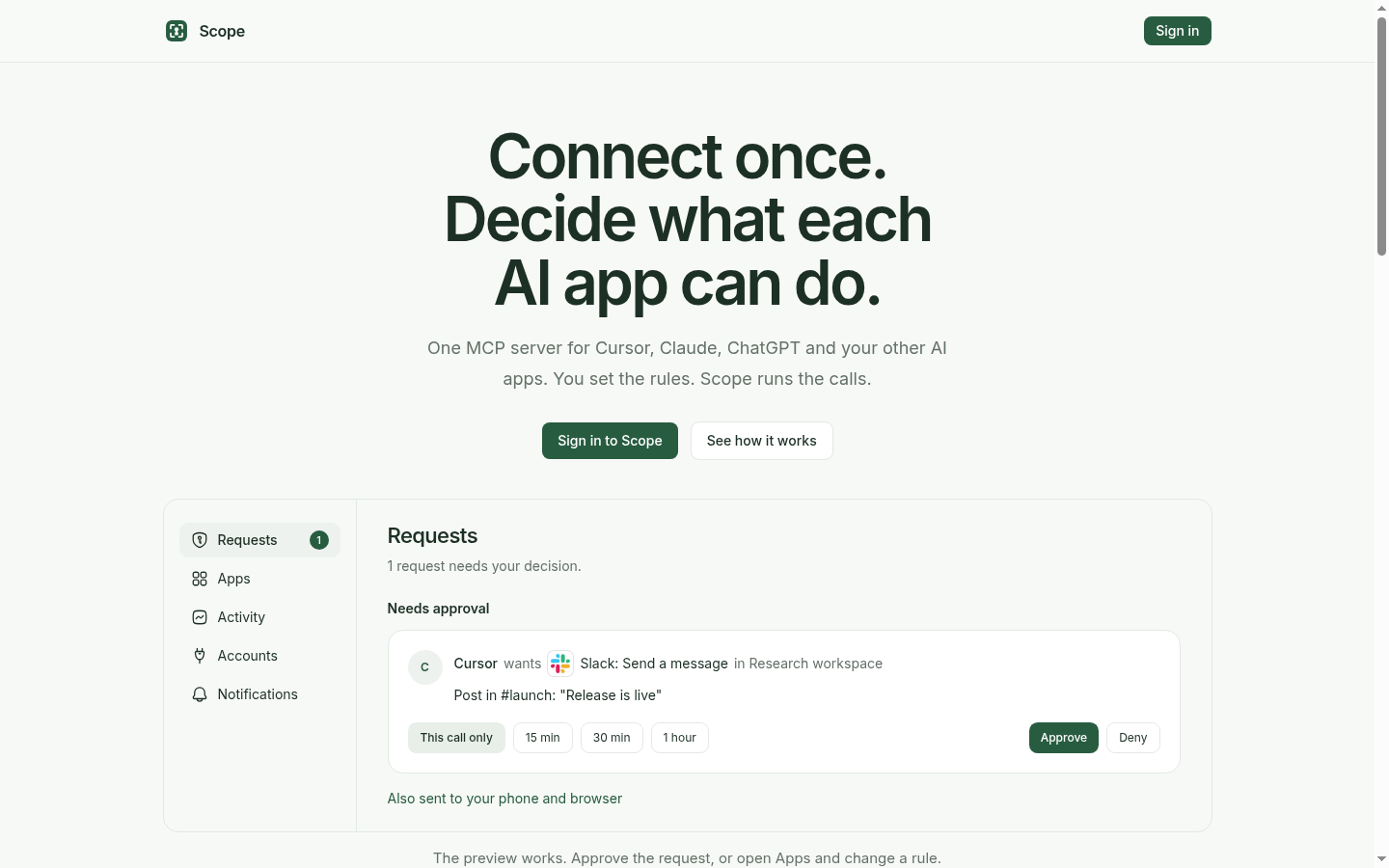 Scope homepage showing one MCP server for AI apps and a Cursor request to send a Slack message.